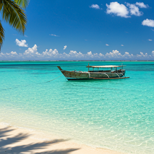 Crystal clear turquoise waters of Zanzibar beach with traditional dhow boat